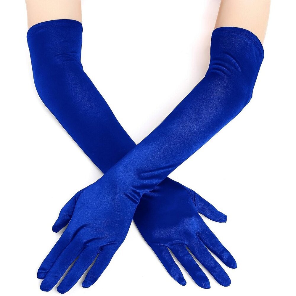 Women's Smooth Blue Long Satin Gloves Elbow Length Party Costume Accessory - Picture 2 of 5